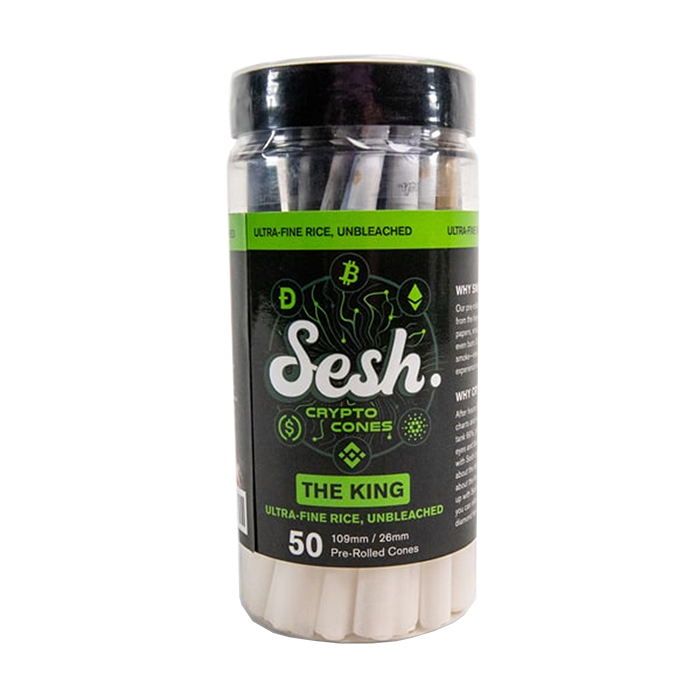 Custom Cones USA 109mm King Sesh Ultra-Fine White Rice Pre-Rolled Crypto Coin Themed Cones, 1 Gram - Pack of 50