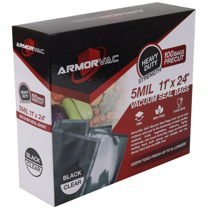 ArmorVac Pre-Cut Vacuum Seal Storage Bags, 5 mil 11 Inch x 24 Inch, Black & Clear - Pack of 100