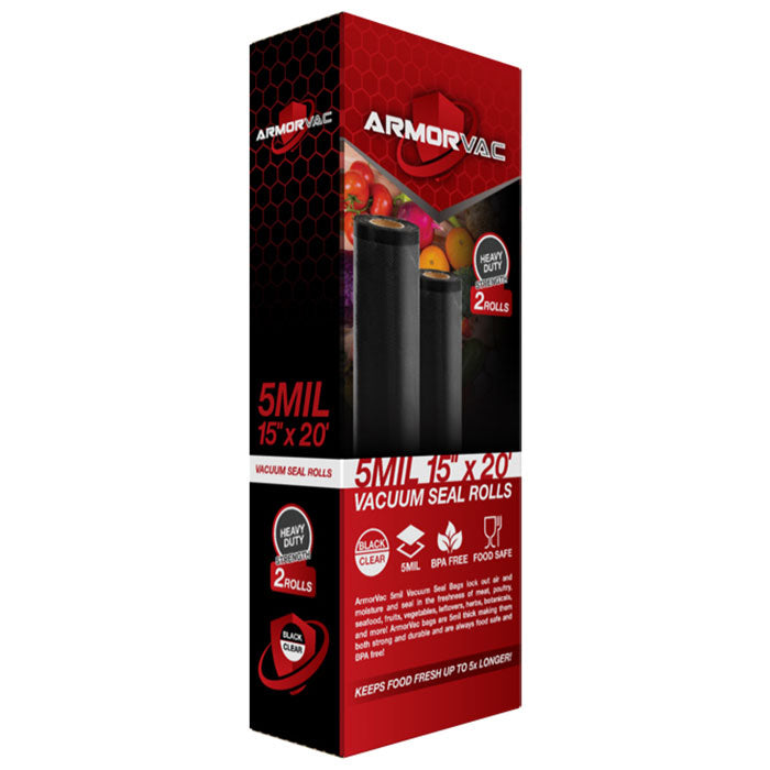 ArmorVac Pre-Cut Vacuum Seal Storage Bags, 5 mil 15 Inch x 20 Feet, Black & Clear - 2 Rolls