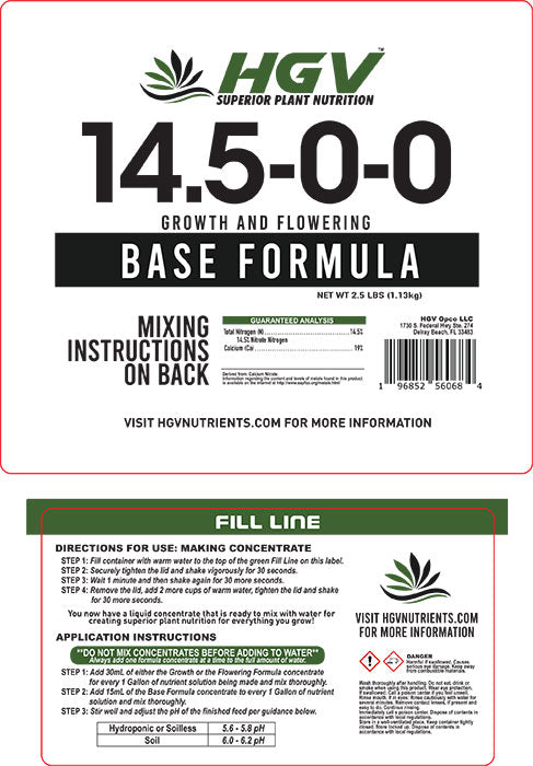 HGV Nutrients Growth and Flowering Base Formula 14.5-0-0, 1 Gallon Jug
