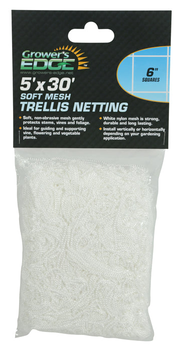 Grower's Edge Soft Mesh Trellis Netting 5 ft x 30 ft with 6 in Squares - White