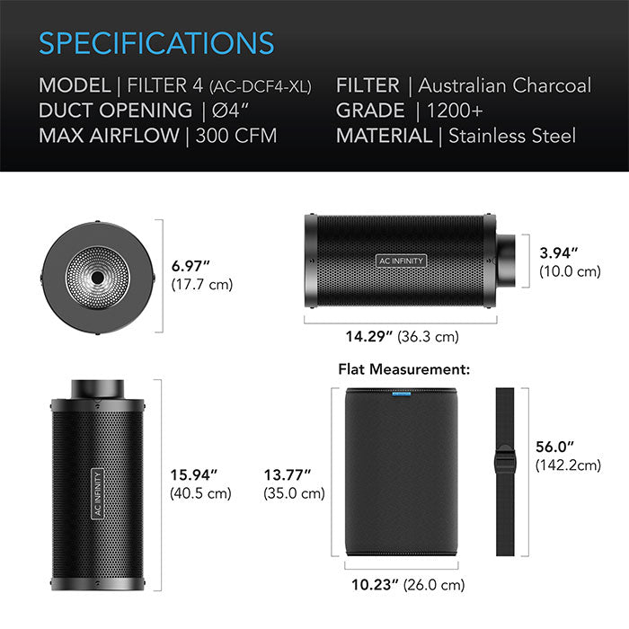 AC Infinity XL Australian Charcoal Duct Carbon Filter, 4" x 16" - 300 CFM