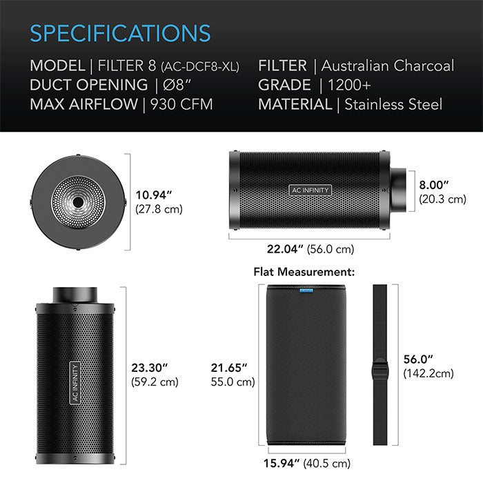 AC Infinity XL Australian Charcoal Duct Carbon Filter, 8" x 23" - 930 CFM