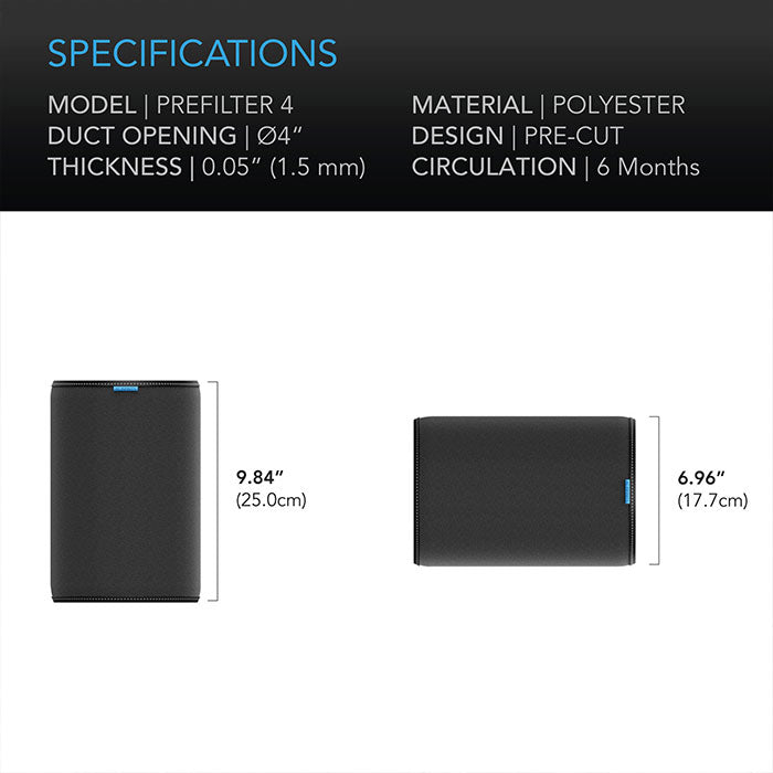 AC Infinity Cloth Pre-Filter for Inline Carbon filter, 4" - Pack of 2