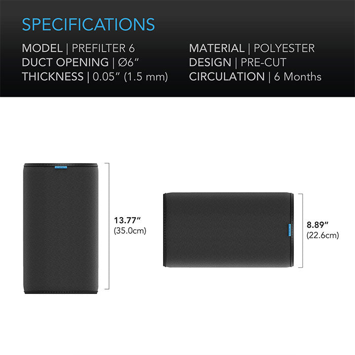 AC Infinity Cloth Pre-Filter for Inline Carbon filter, 6" - Pack of 2