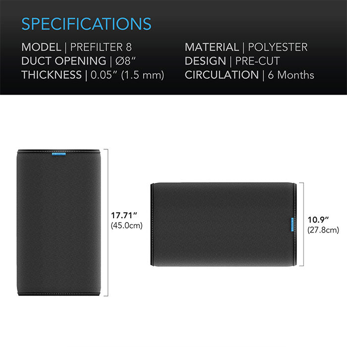 AC Infinity Cloth Pre-Filter for Inline Carbon filter, 8" - Pack of 2