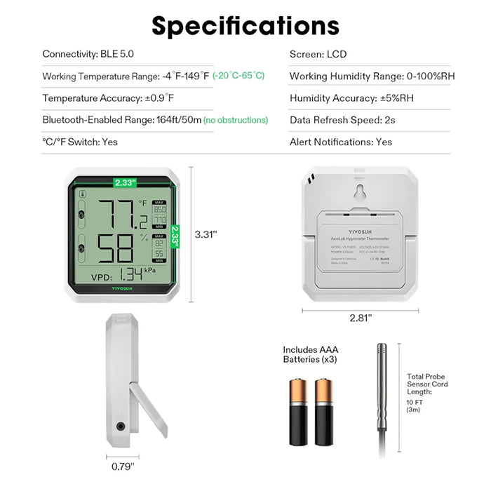 Vivosun AeroLab THB1S Bluetooth Hygrometer Thermometer with External Sensor Probe