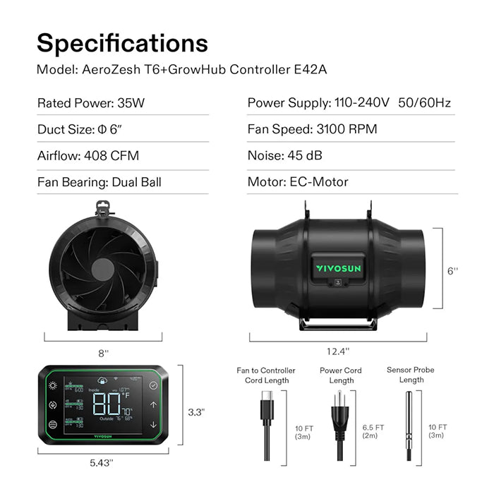 Vivosun AeroZesh T6 6" Inline Fan with E42A Controller