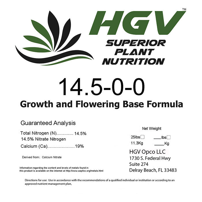 HGV Nutrients Growth and Flowering Base Formula 14.5-0-0, 25 lbs.