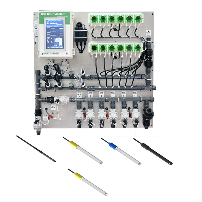 Agrowtek GrowControl BDX BatchMatic 6-Zone/10 Peristaltic Pump Fertigation System With Temperature, pH, EC, & Dual ORP Sensors