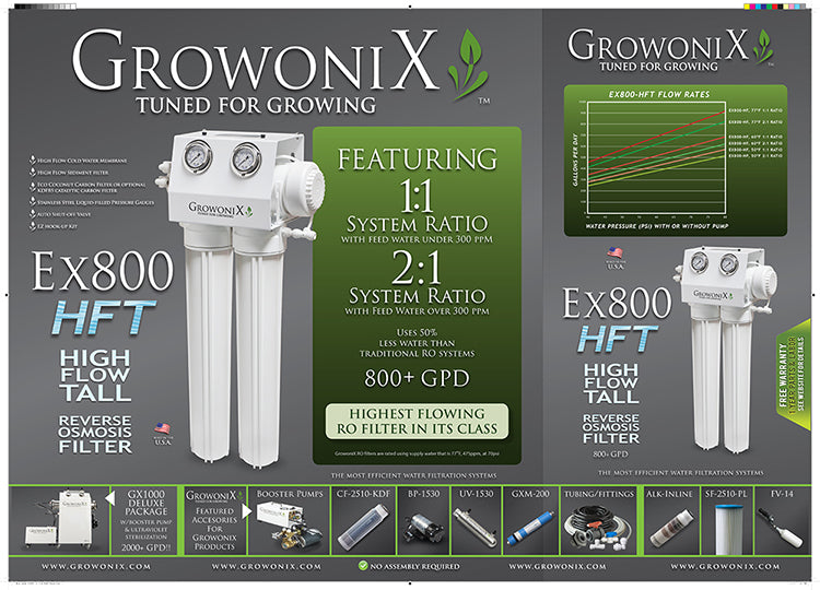 GrowoniX EX800-HF - 870 GPD Reverse Osmosis Filtration System with Tall Filters and KDF/CAT Premium Carbon Filter