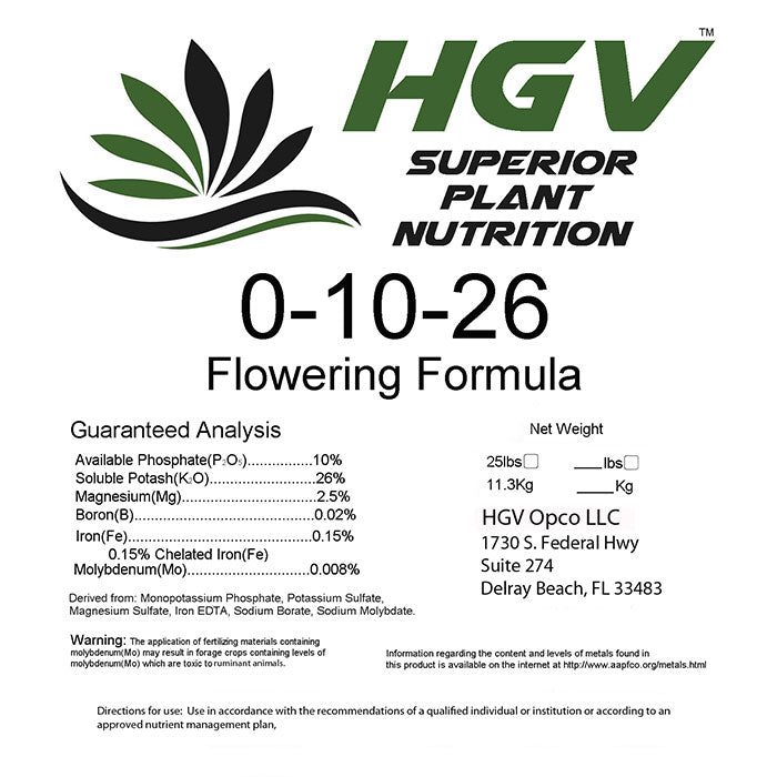 HGV Nutrients Flowering Formula 0-10-26, 25 lbs.
