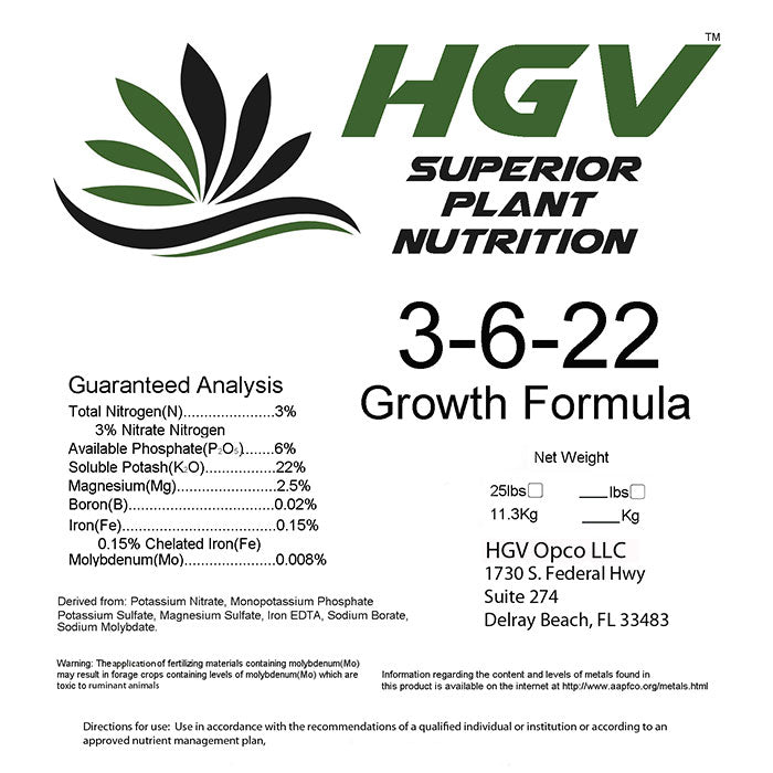 HGV Nutrients Growth Formula 3-6-22, 25 lbs.