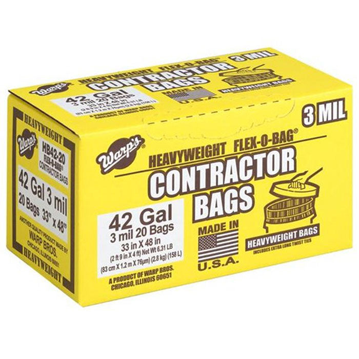 Warp Bros. Contractor Bags, 3 mil 42 Gallon, Black - Pack of 20