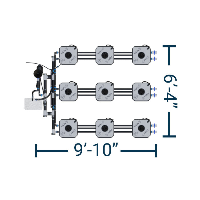 HydraMax Professional RDWC Hydroponic System, 3-Row, 9-Site System