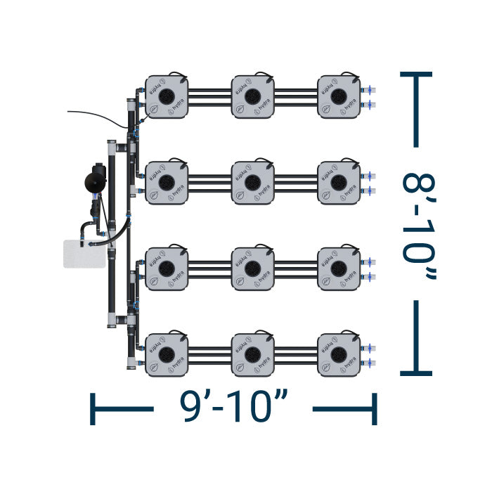 HydraMax Professional RDWC Hydroponic System, 4-Row, 12-Site System