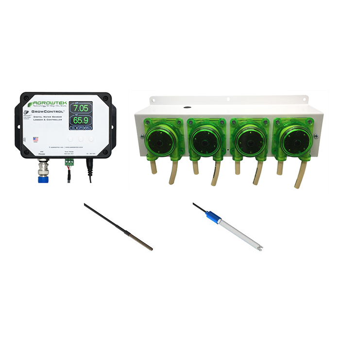 Agrowtek GrowControl MPX AgrowDose Mini pH Dosing System With Mounting Panel, Quad Peristaltic Pumps & Temperature, pH Sensor