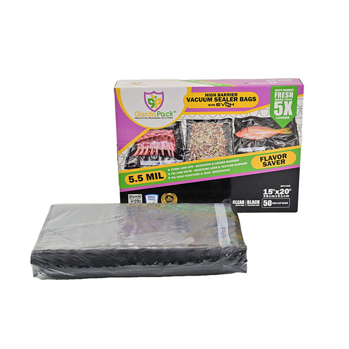 GardaPack High-Barrier Vacuum Seal Bag, Black and Clear, 15 in. x 20 in., Pack of 50