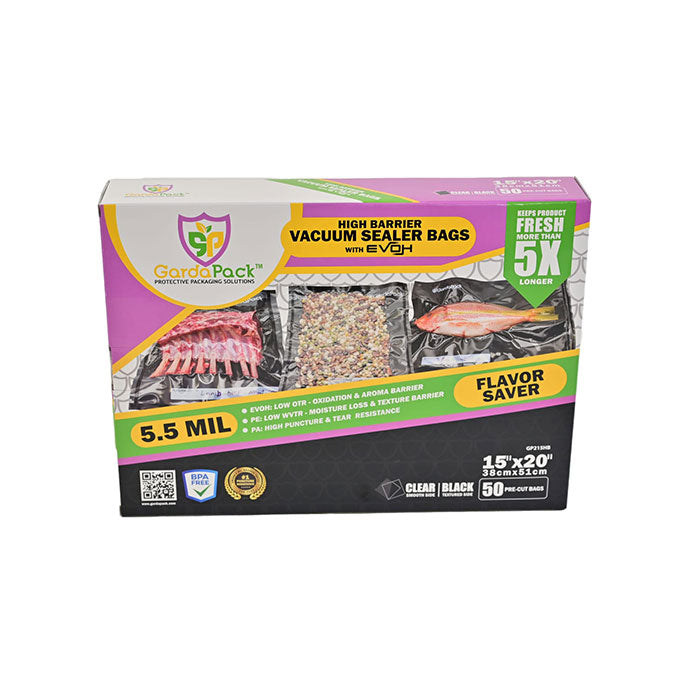 GardaPack High-Barrier Vacuum Seal Bag, Black and Clear, 15 in. x 20 in., Pack of 50