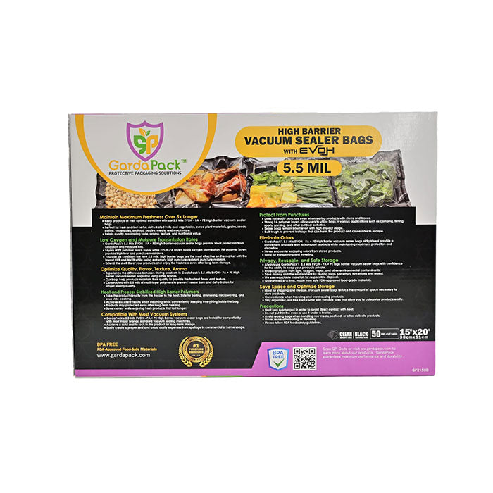 GardaPack High-Barrier Vacuum Seal Bag, Black and Clear, 15 in. x 20 in., Pack of 50