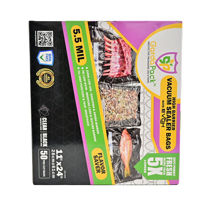 GardaPack High-Barrier Vacuum Seal Bag, Black and Clear, 11 in. x 24 in., Pack of 50