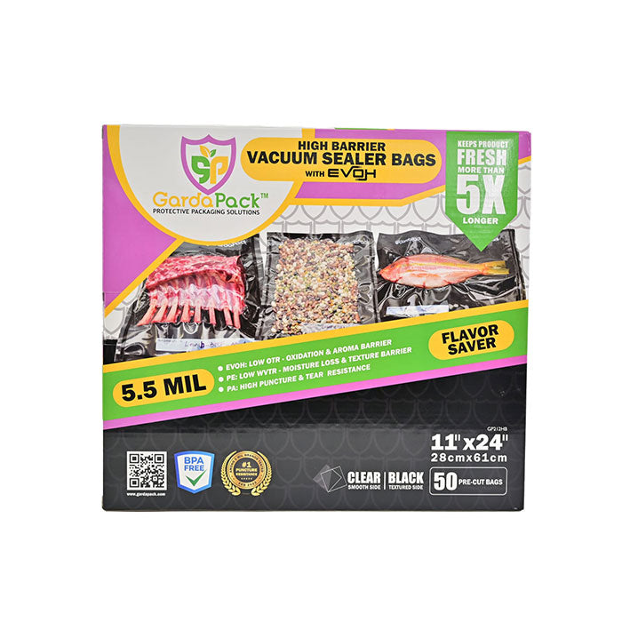 GardaPack High-Barrier Vacuum Seal Bag, Black and Clear, 11 in. x 24 in., Pack of 50