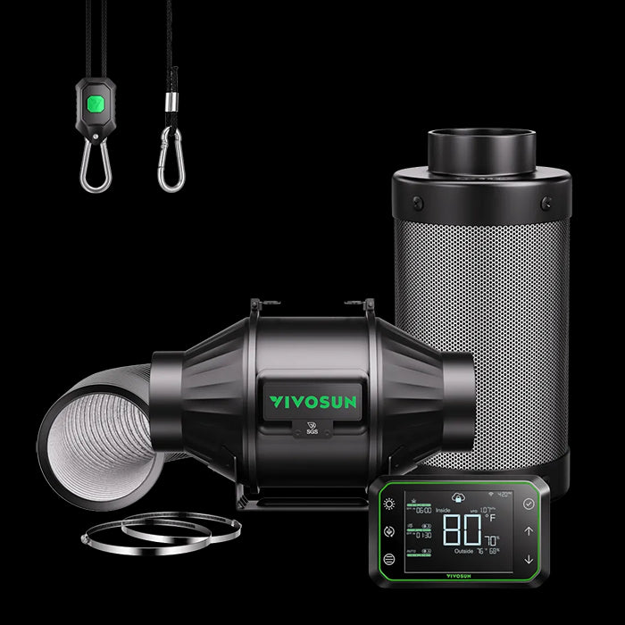 Vivosun Smart Air Filtration Kit Pro, AeroZesh T4 Inline Fan, E42A Controller, Carbon Filter, & Ducting Combo, 4"