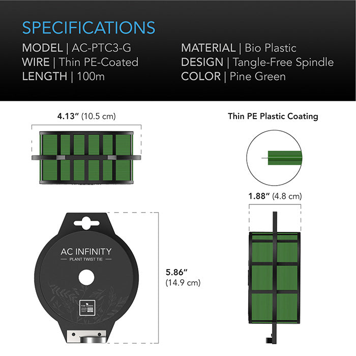 AC Infinity Green Twist Ties with Built-In Cutter, 100m