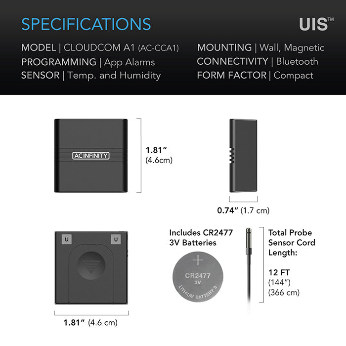 AC Infinity CLOUDCOM A1 Mini Smart Thermo-Hygrometer, 12 ft. Sensor Probe