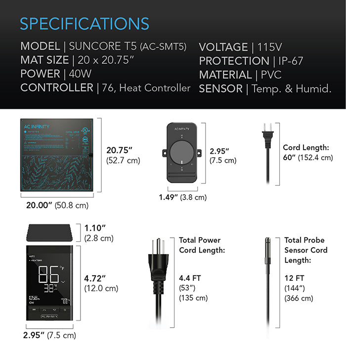 AC Infinity SUNCORE T5 Seedling Heat Mat with Digital Thermostat & Controller, 20" x 20.75"