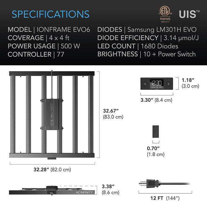 AC Infinity IONFRAME EVO6 500 Watt LED Grow Light With Samsung LM301H EVO Diodes