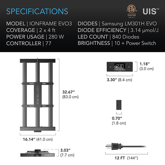 AC Infinity IONFRAME EVO3 280 Watt LED Grow Light With Samsung LM301H EVO Diodes