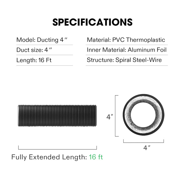 Vivosun Black Non-Insulated Flex Air Aluminum Ducting, 4" x 16'