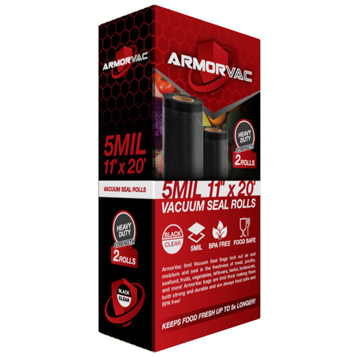 ArmorVac Pre-Cut Vacuum Seal Storage Bags, 5 mil 11 Inch x 20 Feet, Black & Clear - 2 Rolls