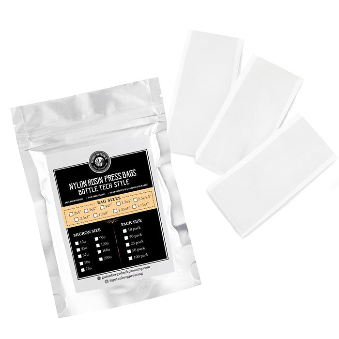 Gutenbergs Dank Pressing Co. 2" x 4" Bottle Tech Style Rosin Bag, 90 Micron - Pack of 20