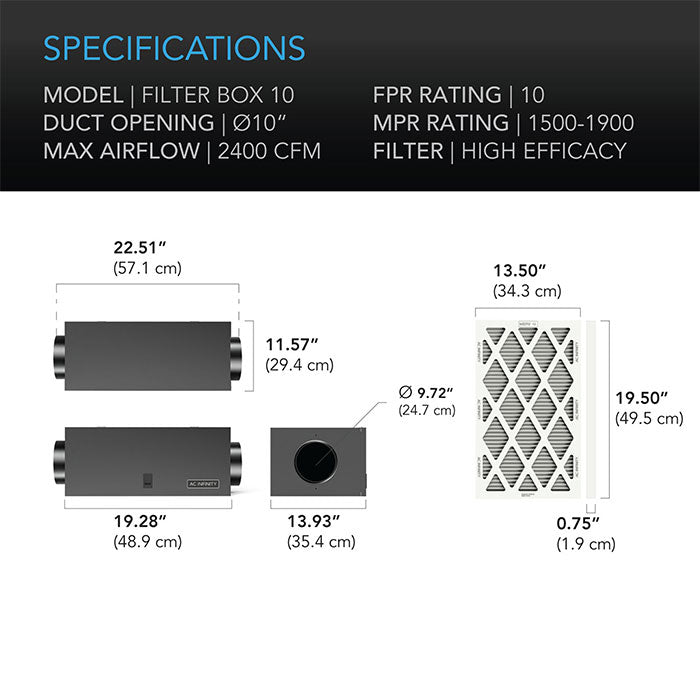 AC Infinity Air Filter Box with High Efficacy Filter, 10"