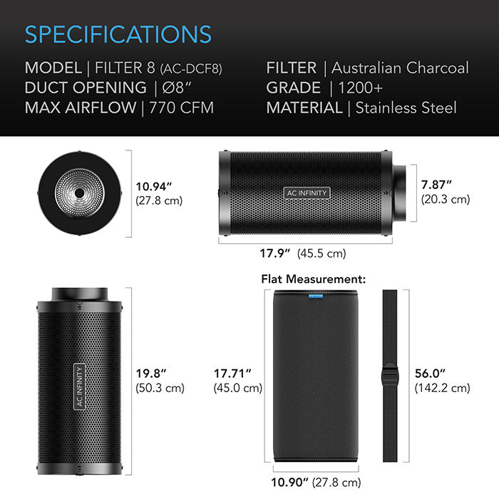 AC Infinity Australian Charcoal Duct Carbon Filter, 8" x 20" - 770 CFM