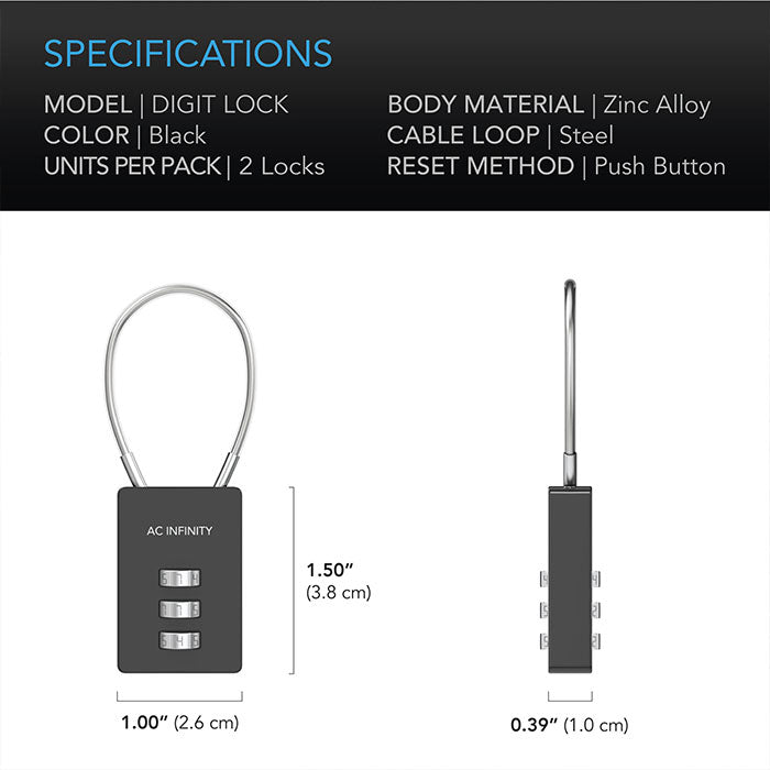 AC Infinity Flexible Steel Cable Loop Combination Lock, Pack of 2