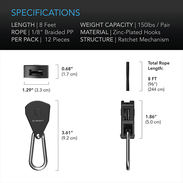 AC Infinity Heavy-Duty Adjustable Rope Clip Hanger, 6 Pairs
