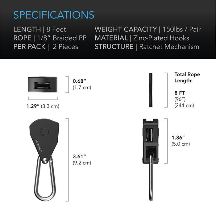 AC Infinity Heavy-Duty Adjustable Rope Clip Hanger, 1 Pair