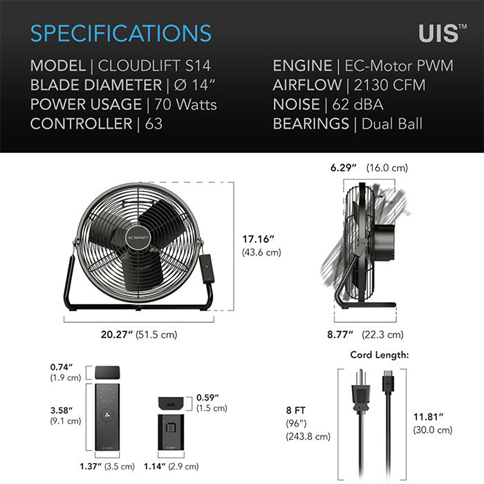 AC Infinity CLOUDLIFT S14 Floor/Wall Fan with Wireless Controller, 14"