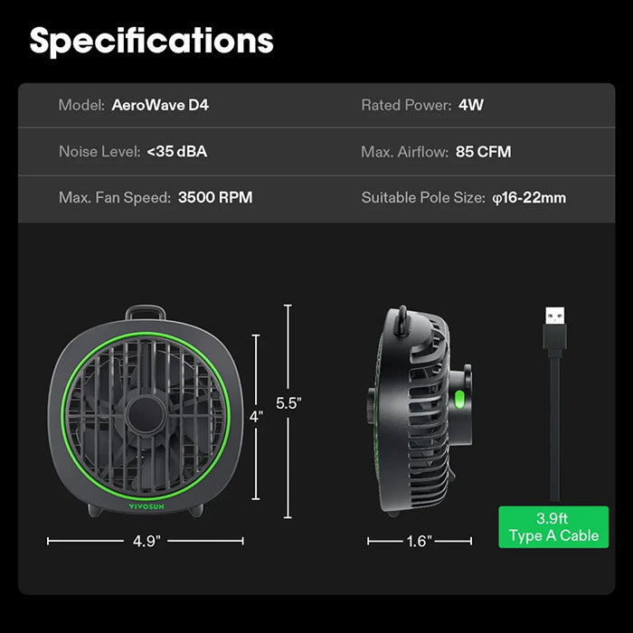 Vivosun AeroWave D4 Grow Tent Clip Fan, 4"