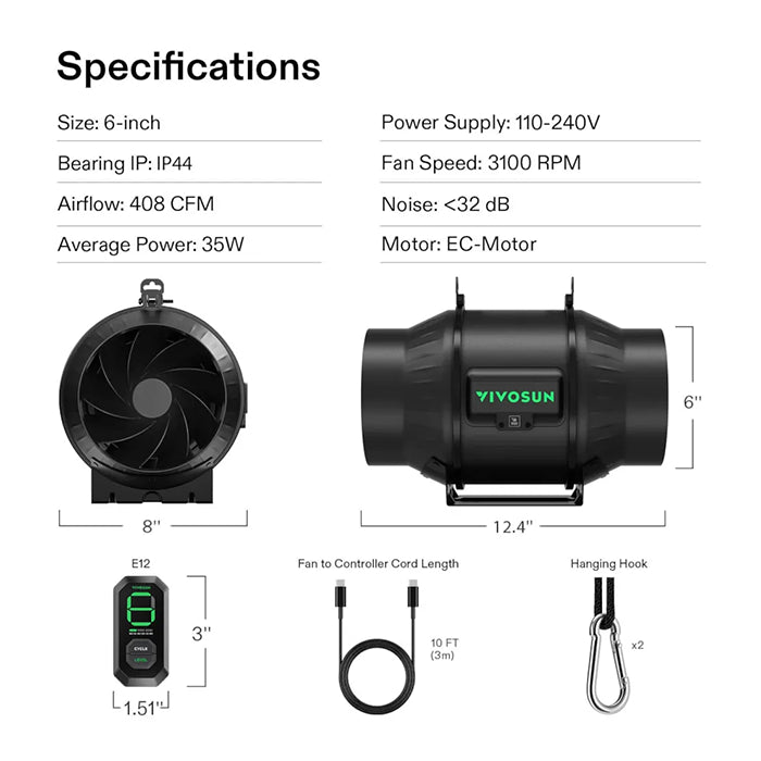 Vivosun AeroZesh T6 6" Inline Fan with E12 Speed Controller