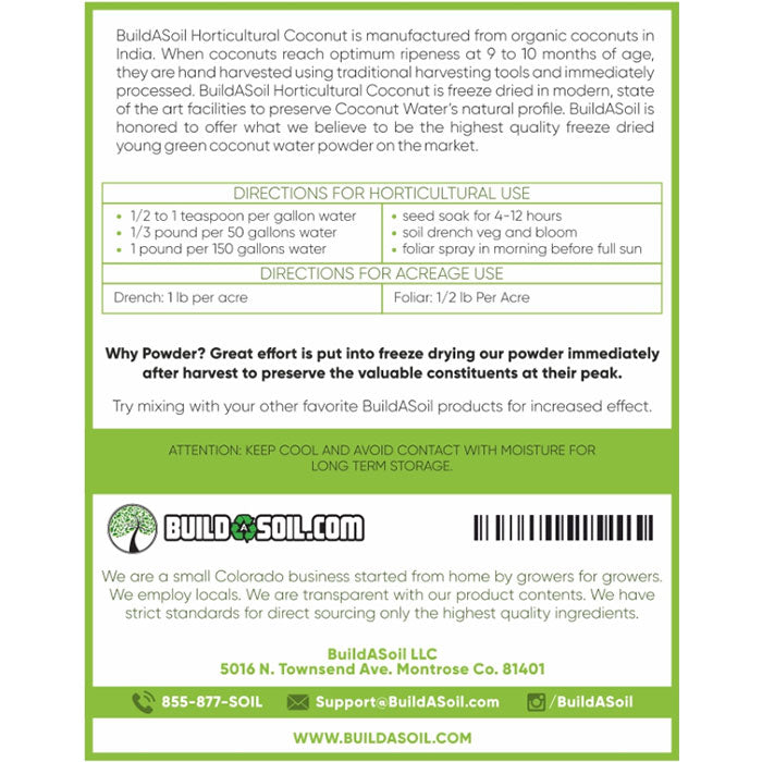 BuildASoil Coconut Water Powder, 1/2 lb.