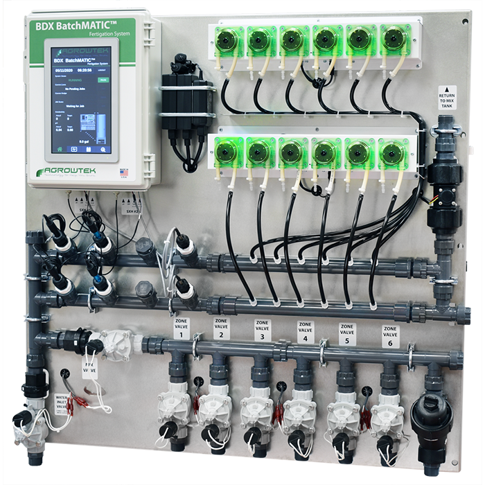 Agrowtek GrowControl BDX BatchMatic 6-Zone/6 Peristaltic Pump Fertigation System With Dual Temperature, pH, EC Sensors, & Single ORP Sensor