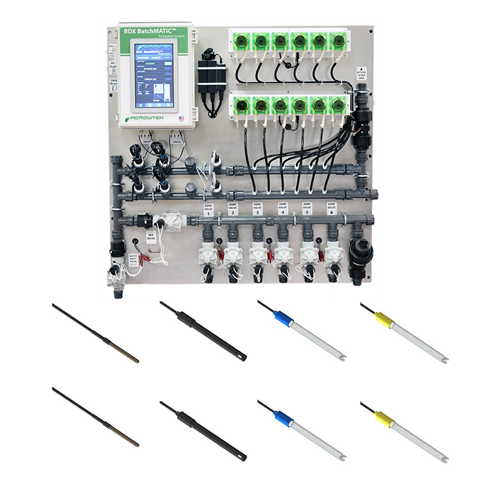 Agrowtek GrowControl BDX BatchMatic 6-Zone/10 Peristaltic Pump Fertigation System With Dual Temperature, pH, EC Sensors & ORP Sensors