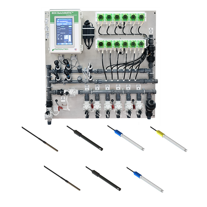 Agrowtek GrowControl BDX BatchMatic 6-Zone/10 Peristaltic Pump Fertigation System With Dual Temperature, pH, & EC Sensors & Single ORP Sensor