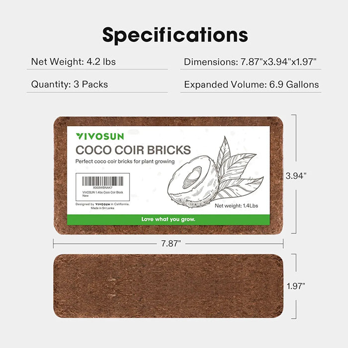 Vivosun Compressed Coco Coir Brick, Pack of 3