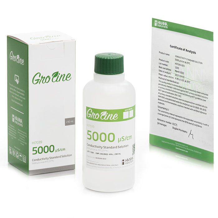 Hanna Instruments GroLine 5000 µs/cm Conductivity Standard with Certificate, 230 mL