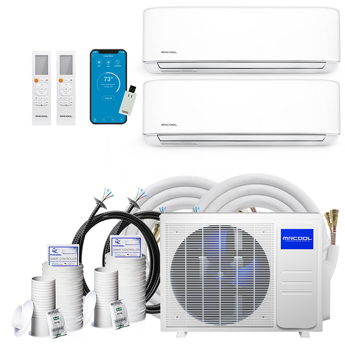MRCOOL DIY GEN 4 18000 Btu Ductless Mini Split Air Conditioner With Heat Pump - 2 Zone Wall Mounted 9K+12K With One 16 And One 75 Foot Install Kit, DIY Pro Cable, & Enhanced Wifi Connectivity, 230 Volts
